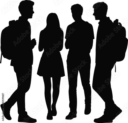 Group of young people silhouettes standing together, students with backpacks, friendship and communication concept, social lifestyle illustration, black vector design