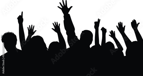 Cheering crowd silhouettes with raised hands, excited people celebrating together, concert festival audience concept, black human figures isolated illustration