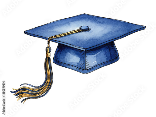 A classic blue graduation cap with a golden tassel for academic achievement watercolor illustration