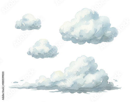 Soft watercolor cumulus clouds set floating gently illustration with various shapes