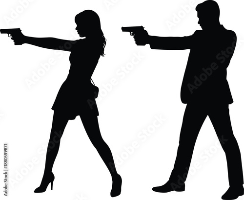 Male and female armed silhouettes aiming handguns, action pose crime scene concept, dangerous confrontation figures isolated on white background