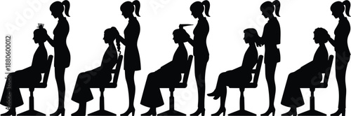 Hair salon, silhouette, hairstyling, black and white, stylist, client, grooming, haircut, combing, curling, scissors, beauty, fashion