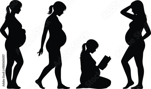 Pregnant woman silhouettes, maternity poses, black illustration, reading moment, walking figure, kneeling posture, belly touch, motherhood concept, side view, prenatal art