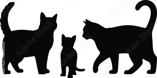 Cat family silhouettes with adult cats and kitten, domestic pet animals in side view, feline companionship concept, black figures isolated illustration
