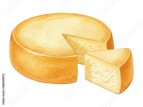Round Wheel of Delicious Cheese with a Slice Cut Out Food Item Watercolor Style