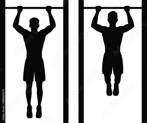 Man doing pull up exercise silhouette illustration showing fitness strength training workout isolated on white background for gym sport concept