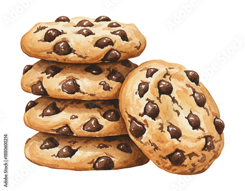 A stack of freshly baked chocolate chip cookies with one leaning against the pile watercolor style