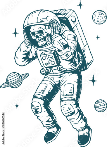Skeleton Astronaut Floating In Space Gothic Sci Fi Line Art Vector Illustration