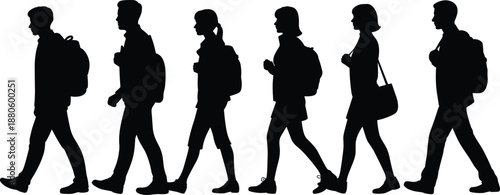 Walking people silhouettes with backpacks, diverse men and women profiles, travel commuter concept, black human figures isolated on white background illustration