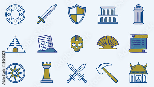 A set of historical and medieval icons featuring ancient architecture, battle weaponry, and defensive armor symbols in gold and navy blue