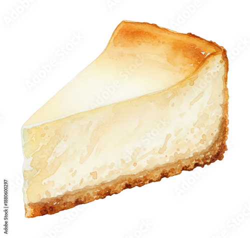 Delicious classic cheesecake slice with a golden brown crust in soft watercolor painting on white background