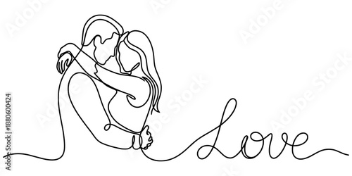 Happy Valentine outline drawing - simple line art of valentine text with couple