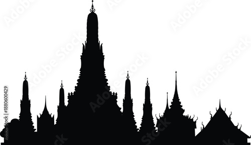   
Thai temple, silhouette, stupa, chedi, architecture, black and white, vector, minimal, ornate, cultural, heritage, design, graphic