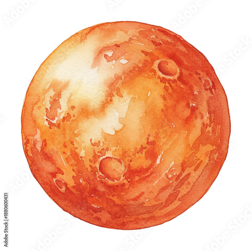 Red planet Mars watercolor illustration with visible craters and textured surface on a white background