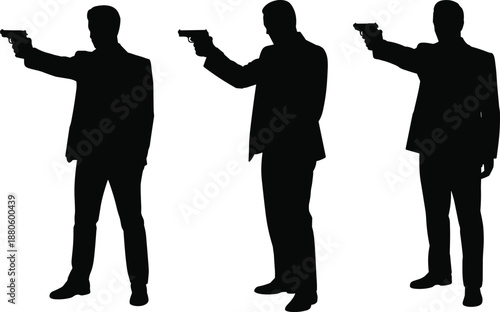 Armed men silhouettes aiming pistols in different stances, crime and action concept, dangerous male figures with guns isolated illustration