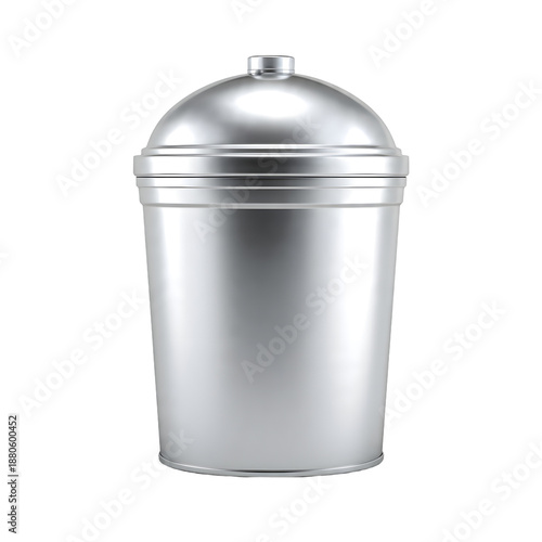 Shiny metal waste bin with lid, 3D rendered domestic rubbish bin