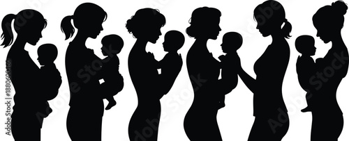 Mother holding baby silhouettes in side view, maternal bonding moments, motherhood and parenting concept, black female figures isolated illustration