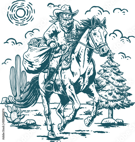 Vintage Cowboy Riding Horse In Desert Western Landscape Woodcut Vector Illustration