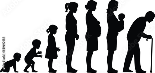 Human life stages silhouettes from baby to elderly, growth and aging process concept, family generation timeline, black minimalist illustration