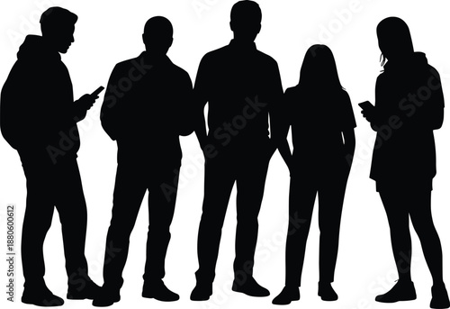 People silhouettes using smartphones, social media addiction concept, modern communication technology, group standing together, digital lifestyle illustration isolated on white