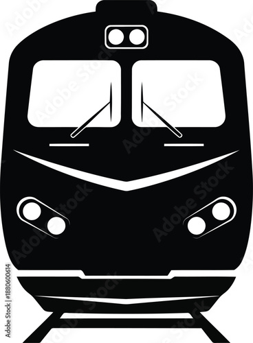 Black silhouette of a train front with headlights and windows