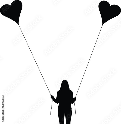 Silhouette of a woman holding strings attached to two floating black heart shaped balloons against a stark white background