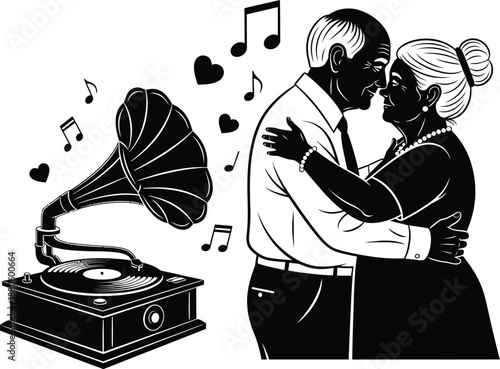 Loving elderly couple embracing intimately while listening to romantic music playing from a vintage gramophone illustration
