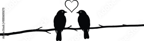 Silhouette of two birds perched closely together on a thin branch underneath a simple heart outline design