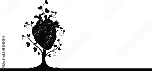 Black silhouette illustration of a stylized tree growing a human heart with love shaped leaves against a white background