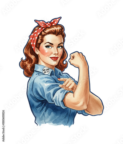 Confident Caucasian Pinup Woman Flexing Bicep and Pointing Forward with a Determined Smile and Red Bandana