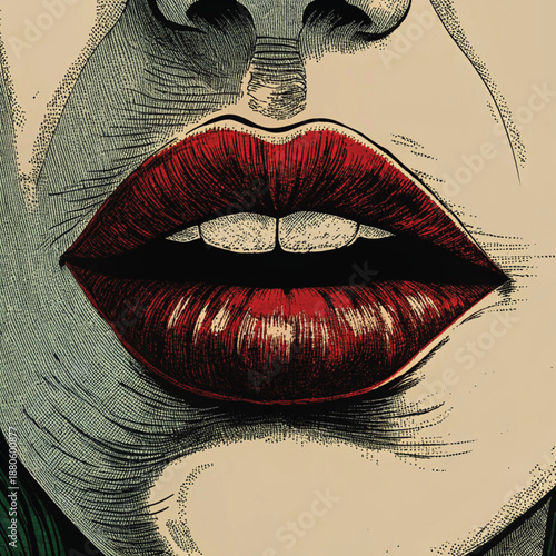Stylish vector illustration of a woman’s face with glamorous makeup and red lips smiling with love