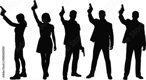 Armed people silhouettes holding pistols, men and women figures, crime action concept, dramatic black human profiles isolated illustration vector design