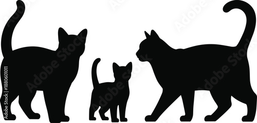 Black cat family silhouette illustration, adult cats and kitten together, minimal animal design, pet parenting concept, isolated white background