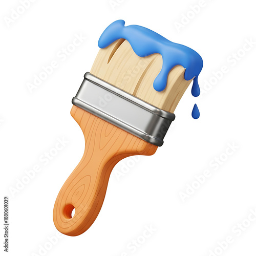 3D paintbrush with wooden handle and blue paint dripping from bristles, home renovation tool for interior design projects