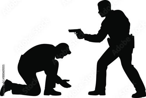 Police officer aiming gun at kneeling suspect, law enforcement confrontation scene, crime danger concept, justice and security silhouette illustration