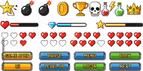 Colorful game UI icon set, hearts, potions, coins, buttons, progress bars, trophies, and symbols for mobile or casual game interface