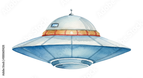 Watercolor illustration of a classic blue and grey flying saucer UFO spaceship with a window and antenna