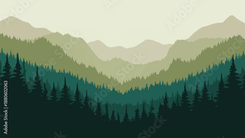 A calm minimalist landscape showing layers of mountains and evergreen trees in varying shades of green