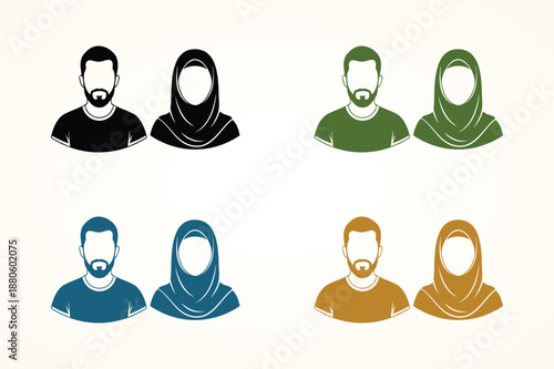Muslim Couple Avatar Icons Set, Traditional Islamic Man with Beard and Woman in Hijab Flat Vector Illustration