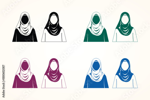 Muslim Couple Avatar Icon Set, Modern Flat Islamic Hijab and Bearded Man Profile Vector Illustration