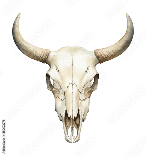 Watercolor painting of a bull skull with large horns front view rustic artistic illustration