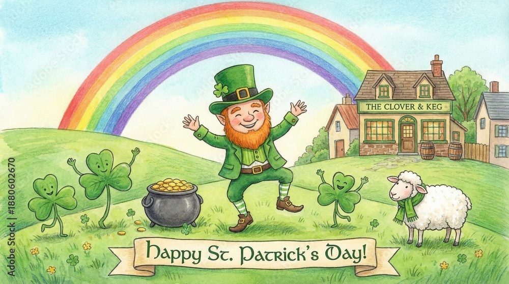 Obraz premium Happy St Patrick's Day Leprechaun Rainbow and Pot of Gold Illustration