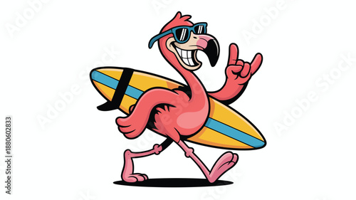 A cheerful pink cartoon flamingo wearing sunglasses carries a surfboard and makes a cool hand gesture