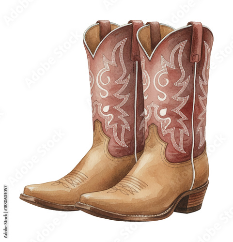 Detailed watercolor illustration of classic western cowboy boots with red and tan leather and white stitching