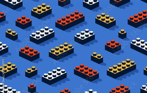 Toy constructor seamless pattern, isometric vector toy bricks tiling wallpaper, children game construction retro colored blocks endless pattern.