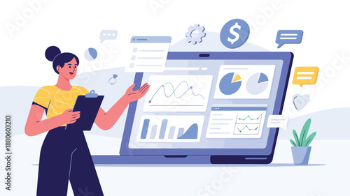 A cheerful woman presents financial data analytics and business metrics on a laptop screen with various icons