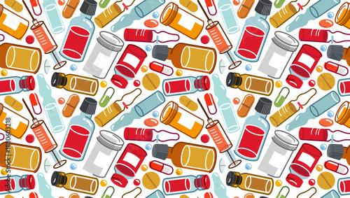Medicine seamless background, vector drugstore and pharmacology endless wallpaper, medical pills and bottles and ampules apothecary tiling pattern, elements easy to use separately.