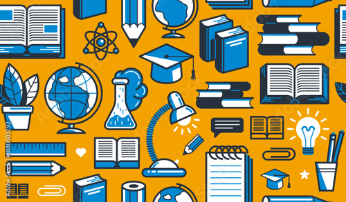 Education and study seamless background, vector endless wallpaper with physics and chemistry elements that can be used separately as an icon, school learning.