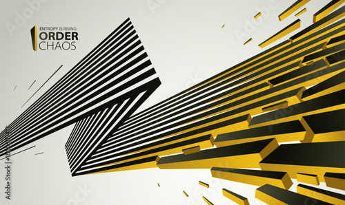 Entropy concept vector abstract background with debris flying in chaos, destruction theme wallpaper, exploded pieces disorder 3D design