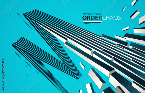 Chaos and order vector concept abstract background with lines explosion to debris in decay, 3D wallpaper with perspective lines going to chaos of destruction.